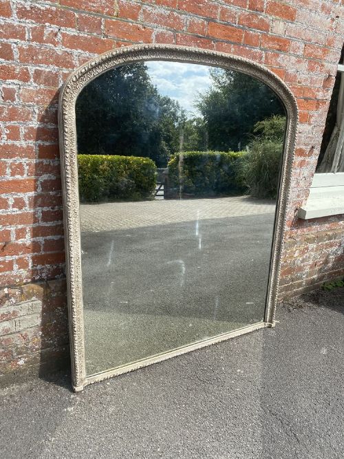 A Spectacular Large Antique English 19th Century Carved Wood & Gesso Arched Top Painted Overmantle Mirror.
