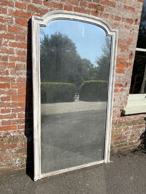 A Superb Large Antique French 19th Century Carved Wood & Gesso Distressed Painted Shaped Top Mirror.