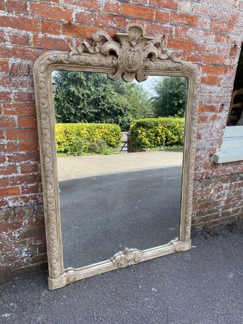 A Stunning Large Antique French 19th Century Carved Wood Painted Arched Top Mirror.