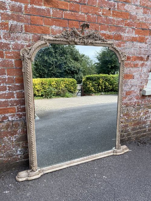 A Fabulous Large Antique English 19th Century Carved Wood & Gesso Shaped Top Overmantel Mirror.