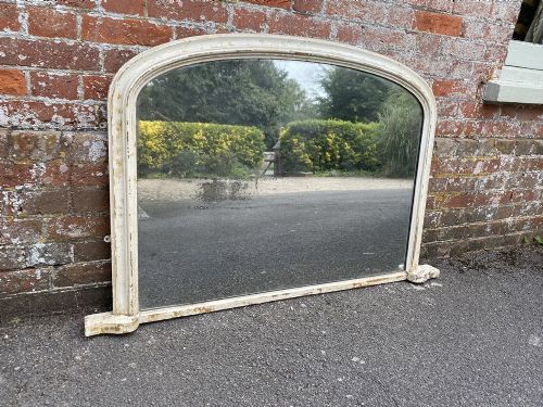 A Delightful Highly Useful Size Antique English 19th Century Carved Wood & Gesso Arched Top Painted Overmantel Mirror.

