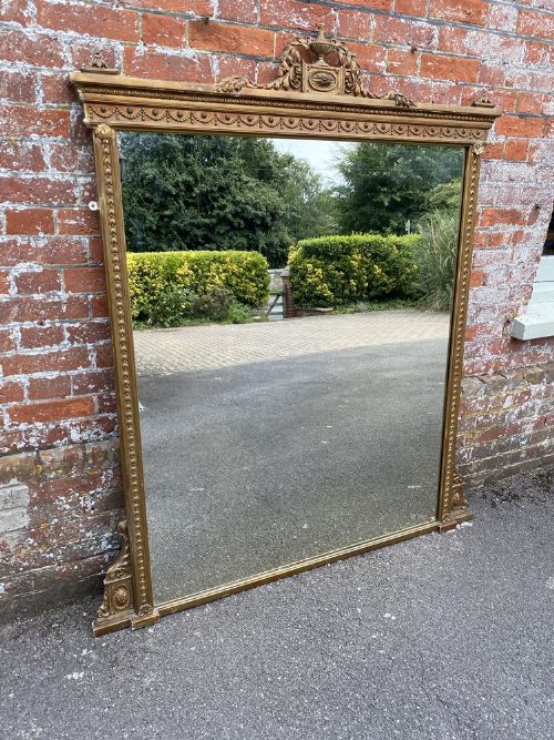 An Exceptional Large Antique English 19th Century Carved Wood & Gesso Gilt Overmantel Mirror.