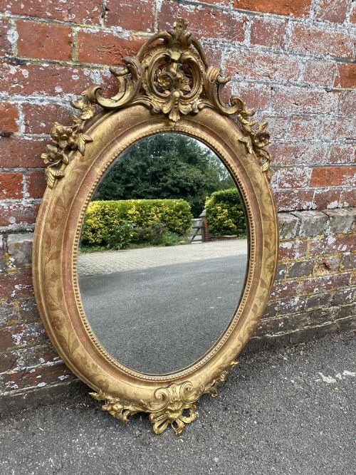 A Wonderful Antique French 19th Century Carved Wood & Gesso Original Gilt Oval Mirror.