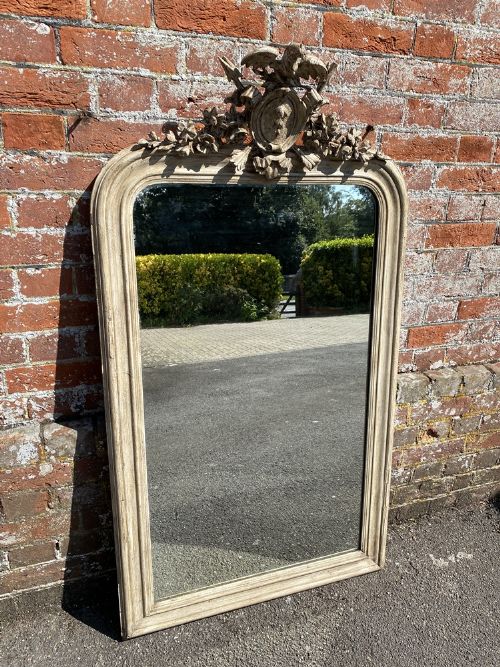 A Fabulous Antique French 19th Century Carved Wood & Gesso Arched Top Painted Mirror.