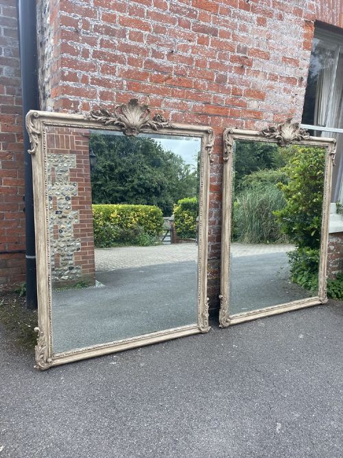 A Sensational Large Highly Unusual Pair of Antique French 19th Century Carved Wood & Gesso Painted Mirrors.