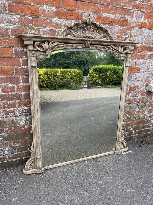 A Superb Good Size Antique English 19th Century Carved Wood & Gesso Painted Overmantle Mirror.