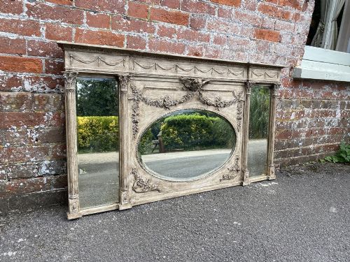 A Wonderful Good Size 19th Century  Size Antique English Carved Wood & Gesso Triple Plate Overmantle Mirror.
