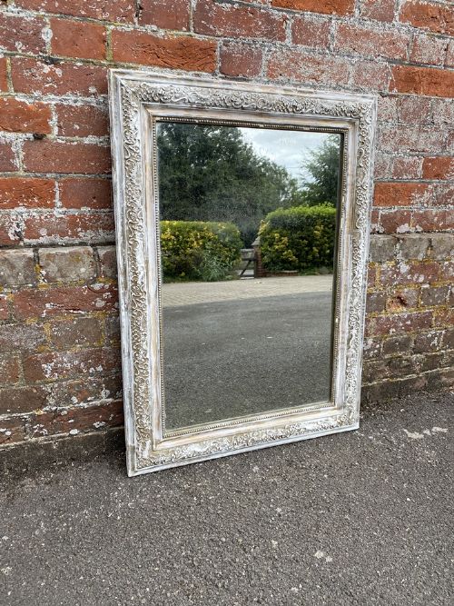 A Delightful Useful Size Antique French 19th Century Carved Wood & Gesso Distressed Painted Mirror.