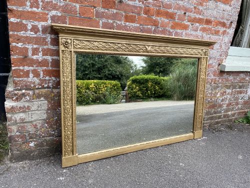 A Stunning Large Antique English 19th Century Carved Wood & Gesso Gilt Leaf Framed Overmantle Mirror.