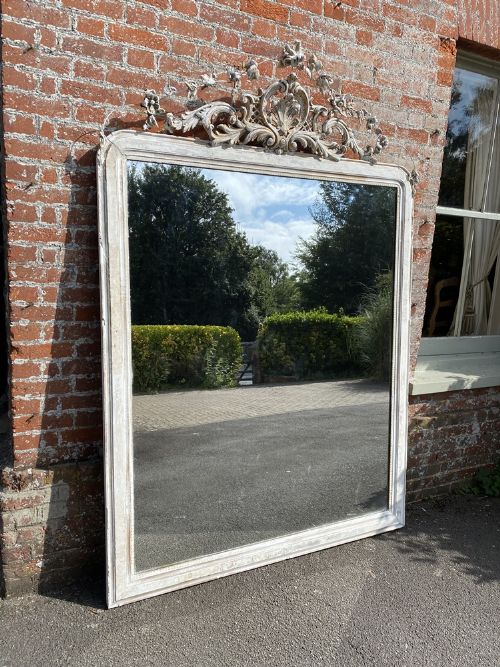 An Exceptional Large Antique French 19th Century Carved Wood & Gesso Distressed Painted Arched Top Mirror.
