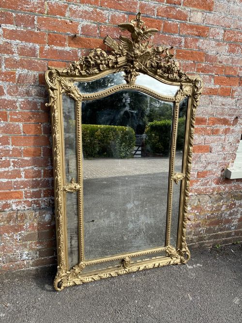 A Stunning Large Antique French Carved Wood & Gesso Shaped Top Gilt Cushion Mirror.