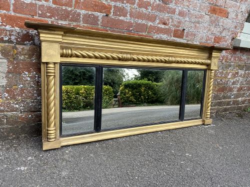 A Fabulous Good Size English 19th Century Carved Wood & Gesso Gilt Triple Plate Overmantle Mirror.