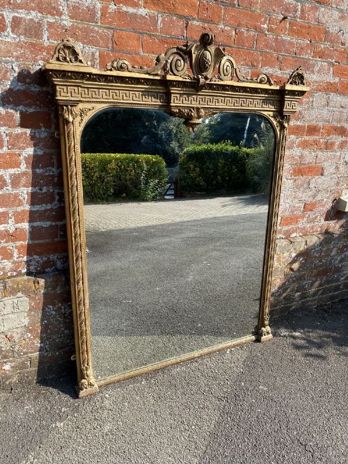 A Spectacular Large Antique English 19th Century Carved Wood & Gilt Overmantle Mirror.