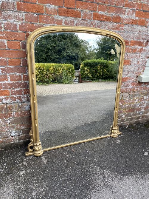 A Superb Good Size Antique English 19th Century Carved Wood Gilt Arched Top Overmantle Mirror.