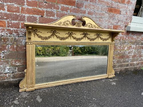A Wonderful Highly Useful Size Antique English 19th Century Carved Wood & Gesso Gilt Shaped Top Overmantle Mirror.