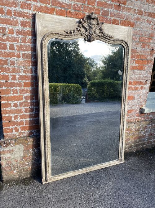 An Exceptional Large Antique French 19th Century Carved Wood & Gesso Shaped Top Painted Mirror.