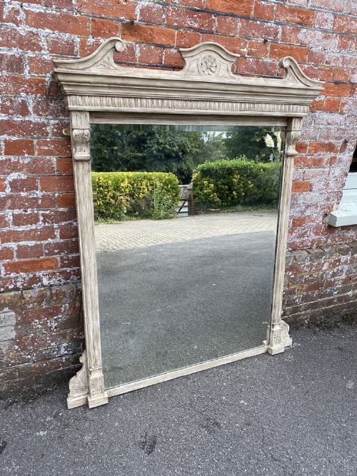 A Superb Large Antique English Early 20th Century Carved Wood Painted Overmantle Mirror.