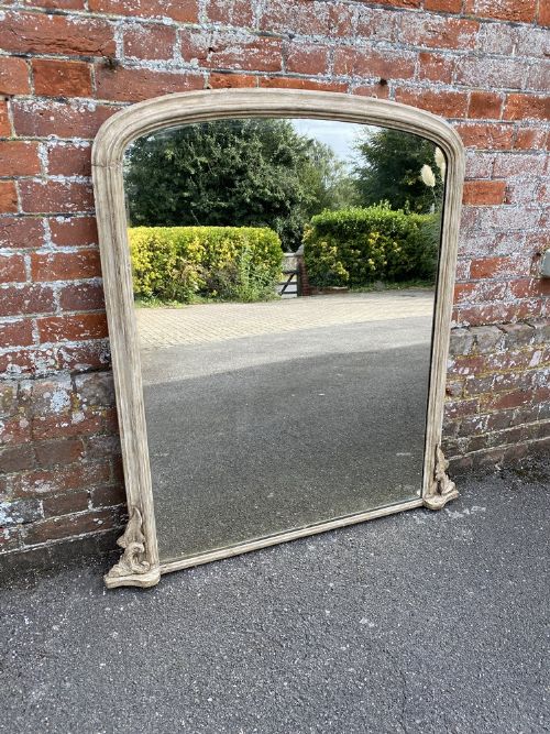 A Fabulous Large Antique English 19th Century Carved Wood & Gesso Arched Top Painted Overmantle Mirror.