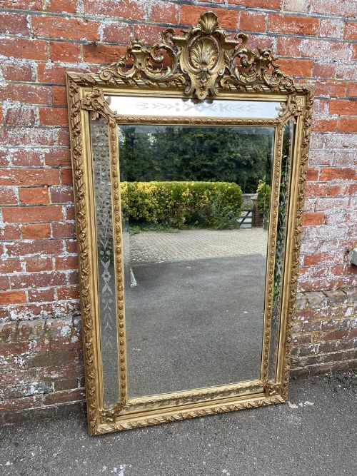 A Superb Large Antique French 19th Century Carved Wood & Gesso Original Gilt Cushion Mirror.