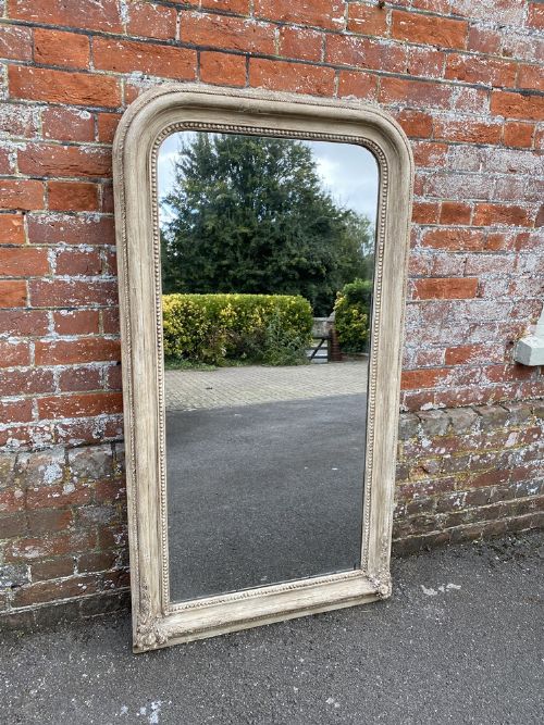 A Delightful Large Antique French 19th Century Carved Wood & Gesso Arched Top Painted Mirror.