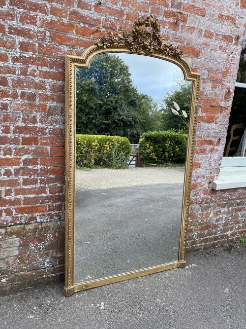 An Exceptional Large Antique French 19th Century Carved Wood & Gesso Shaped Top Original Gilt Mirror.