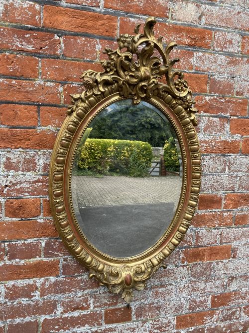 A Fabulous Highly Unusual Size Antique French 19th Century Carved Wood & Gesso Original Gilt Oval Mirror.