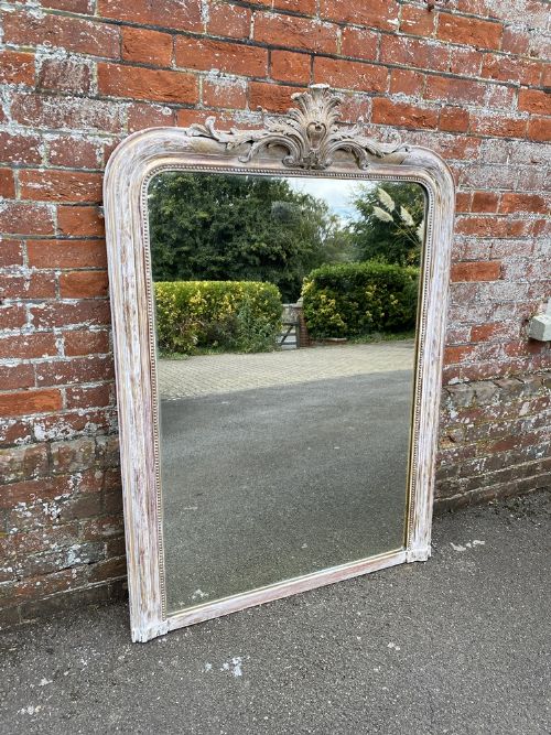 A Stunning Large Antique French 19th Century Carved Wood & Gesso Distressed Painted Etched and Gilt Mirror.