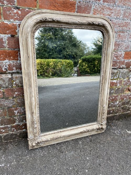 A Fabulous Highly Useful Size Antique French 19th Century Carved Wood & Gesso Arched Top Painted Mirror.