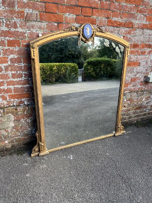 A Spectacular Large Antique English 19th Century Carved Wood & Gesso Shaped Top Gilt Overmantle Mirror.