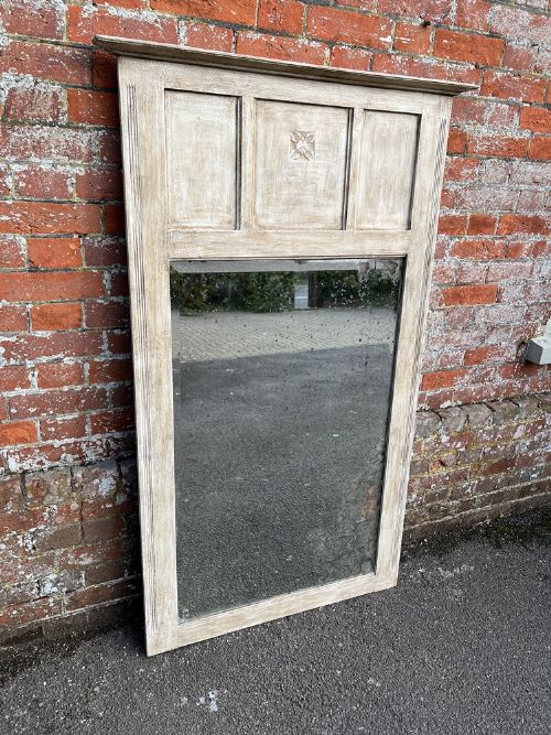 A Superb Large Antique French 19th Century Caved Wood Painted Panelled Top Mirror.