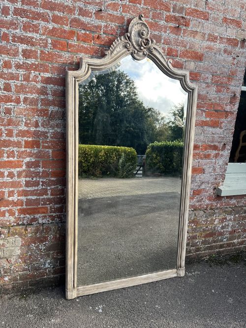 A Spectacular Large Antique French 19th Century Carved Wood & Wood Shaped Top Painted Mirror.