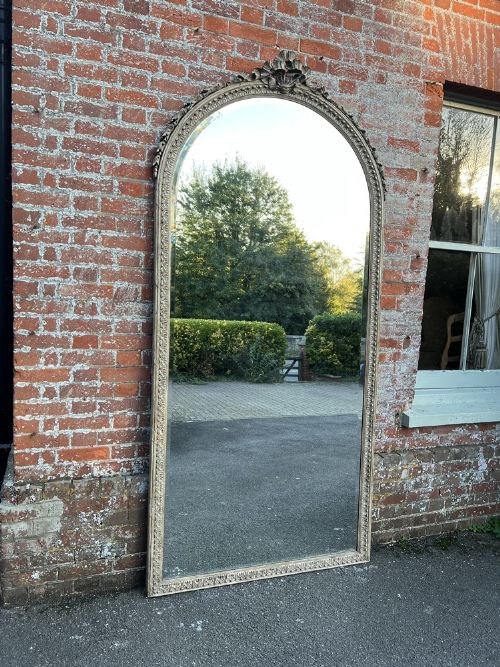 An Exceptional Extra Large Antique French 19th Century Carved Wood Painted Arched Top Mirror.