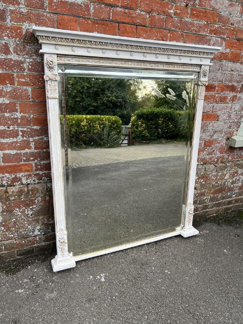 A Fabulous Large Antique English 19th Century Carved Wood and Gesso Painted Overmantle Mirror.