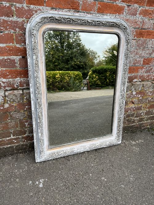 A Delightful Good Size Antique French 19th Century Carved Wood & Gesso Arched Top Distressed Painted Mirror.