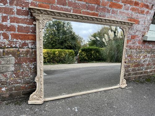 A Superb Highly Useful Size Antique English 19th Century Carved Wood & Gesso Painted Overmantle Mirror.