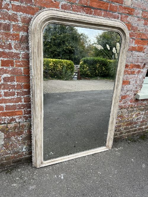 A Fabulous Large Antique French 19th Century Carved Wood & Gesso Arched Top Ribbed Framed Mirror.