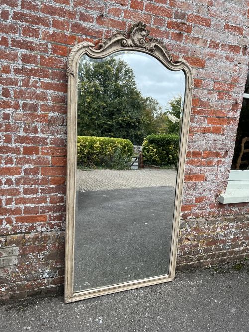 A Spectacular Large Antique French 19th Century Carved Wood Painted Shaped Top Mirror.