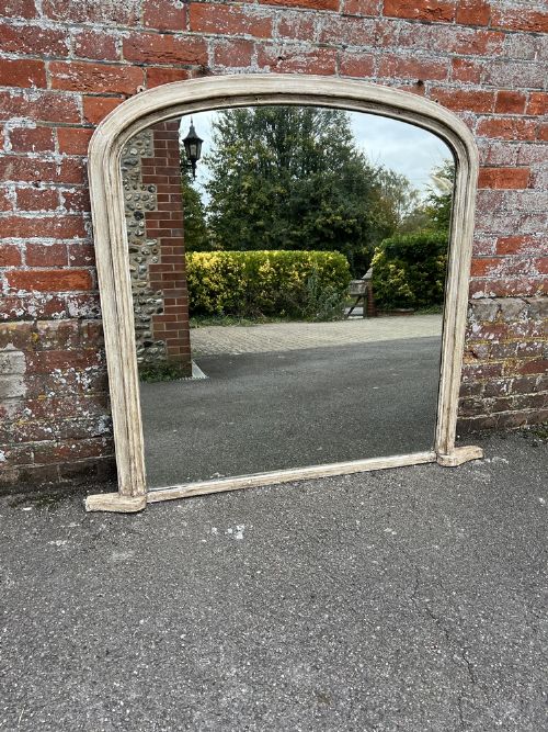 A Wonderful Large Antique English Carved Wood & Gesso Arched Top Painted Overmantle Mirror.