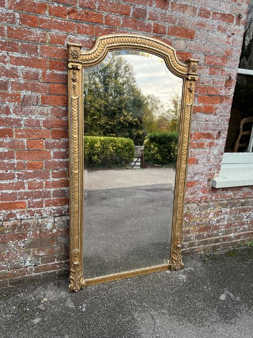 A Spectacular Large Antique French 19th Century Carved Wood & Gesso Shaped Top Original Gilt Mirror.