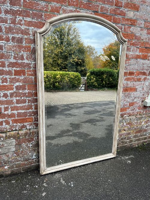 A Superb Large Antique French 19th Century Carved Wood & Gesso Shaped Top Painted Mirror.