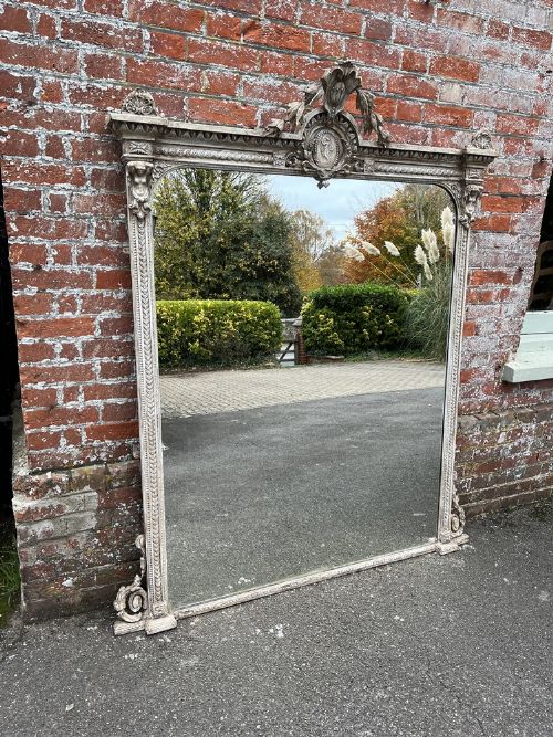 A Exceptional Large Antique English 19th Century Carved Wood & Gesso Painted Overmantle Mirror.