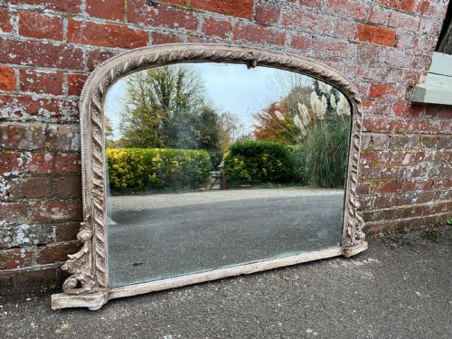 A Stunning Good Size Antique English 19th Century Carved Wood & Gesso Arched Top Painted Ribbed Overmantle Mirror.