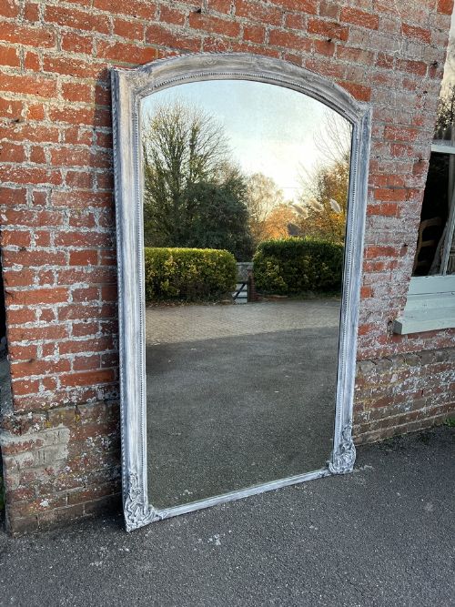 A Wonderful Large Antique French 19th Century Carved Wood & Gesso Arched Top Distressed Painted Mirror.
