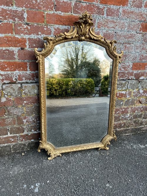 A Delightful Highly Useful Size Antique French 19th Century Carved Wood & Gesso Original Gilt Shaped Top Mirror.