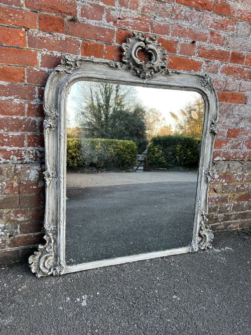 A Stunning Large Antique English 19th Century Carved Wood & Gesso Arched Top Painted Overmantle Mirror.
