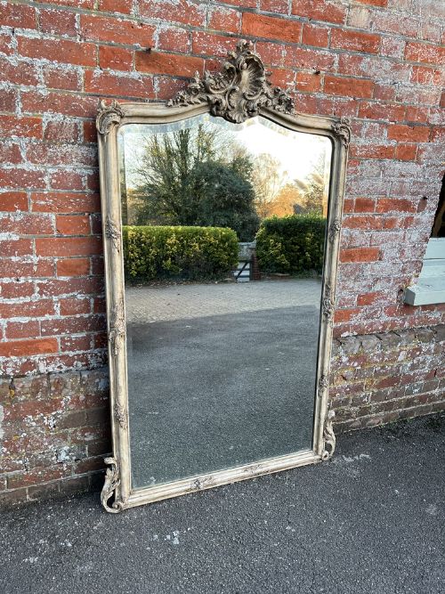 An Exceptional Large Antique French 19th Century Carved Wood & Gesso Shaped Top Painted Mirror.