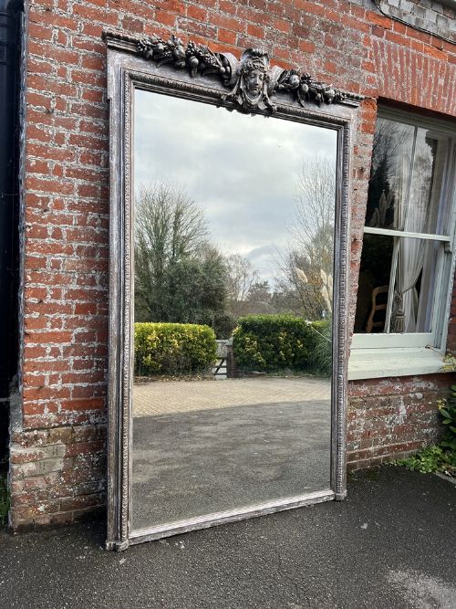 An Absolutely Stunning Extra Large Antique French 19th Century Carved Wood & Gesso Distressed Silver and Painted Mirror.