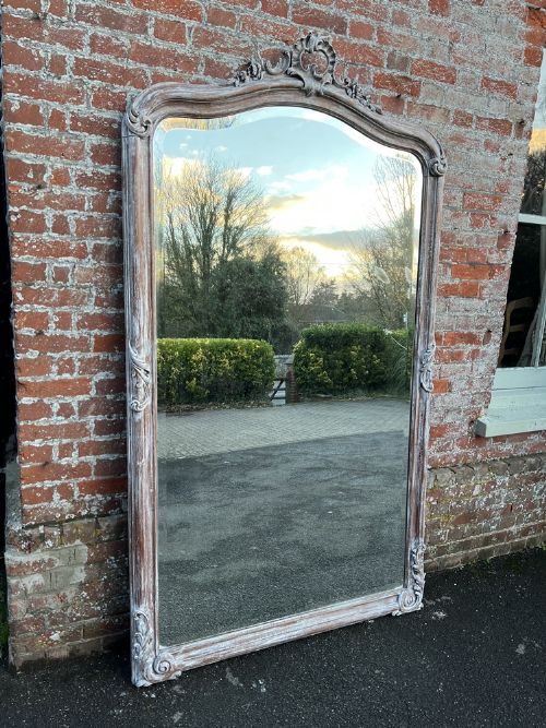 An Exceptional Large Antique French 19th Century Carved Wood Painted Shaped Top Mirror.