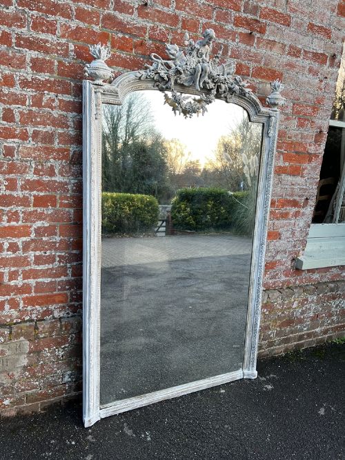 A Stunning Large Antique French 19th Century Carved Wood & Gesso Shaped Top Painted Mirror.