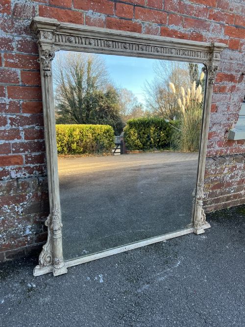 A Fabulous Large Antique English 19th Century Carved Wood & Gesso Painted Overmantle Mirror.